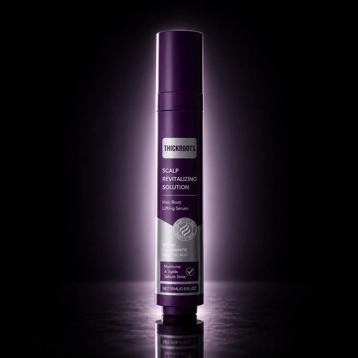 THICKROOT serum in a clean bathroom shelf routine
