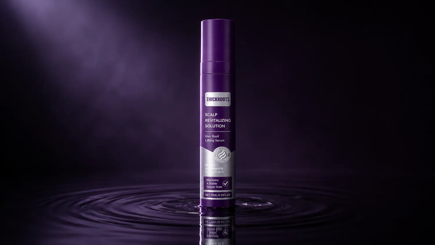 THICKROOT scalp serum bottle on a clean shelf